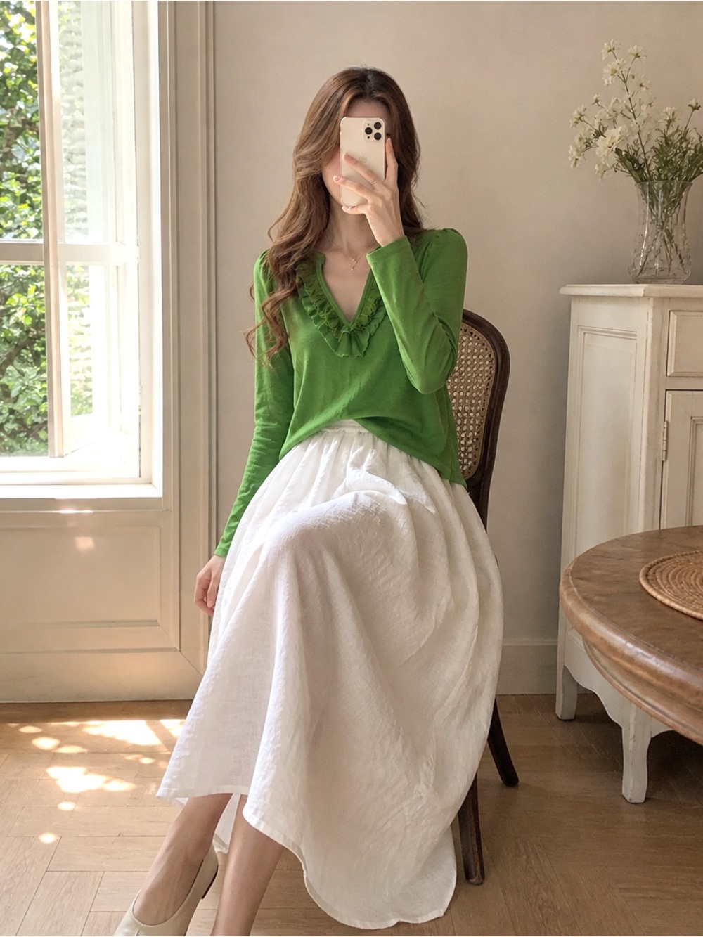 Green Romantic Cottagecore Blouse Puff Sleeve Top S